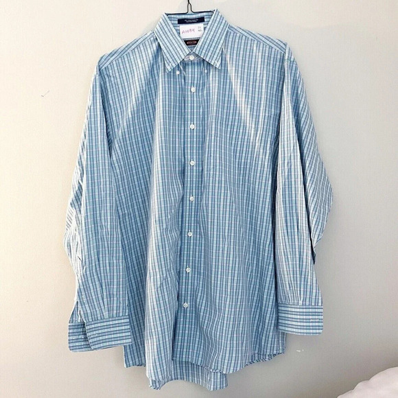 Overton Men's Plaid Button Down Shirt Large Wrinkle Free Blue Green Cotton - Picture 1 of 7